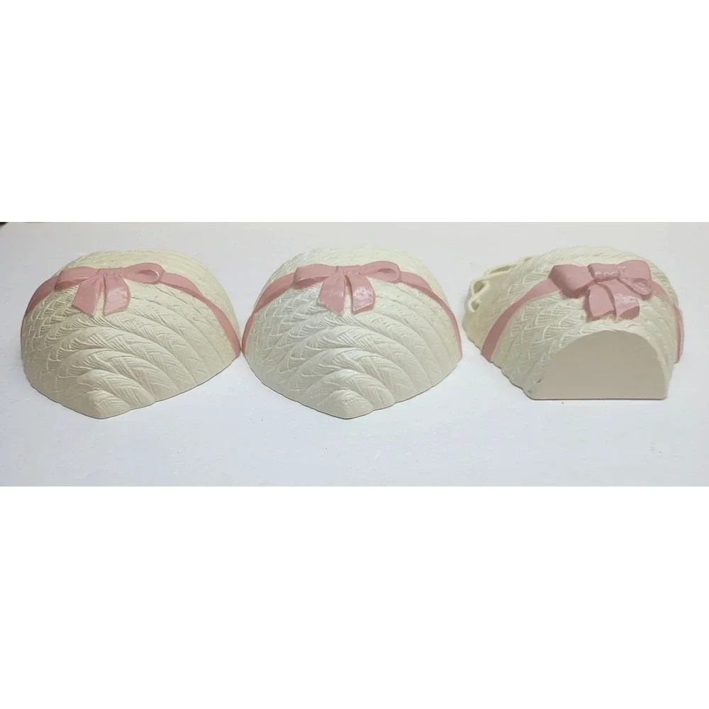 Vtg Burwood Wicker Style Wall Decor Set 6pc White w/Pink Bow Mirror Shelf Hearts